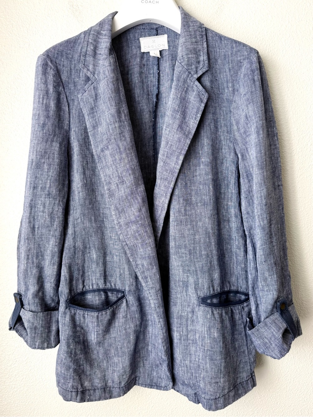 Caslon Blue 100% Linen Unstructured Roll-Tab Sleeve Blazer Jacket Women's Size L